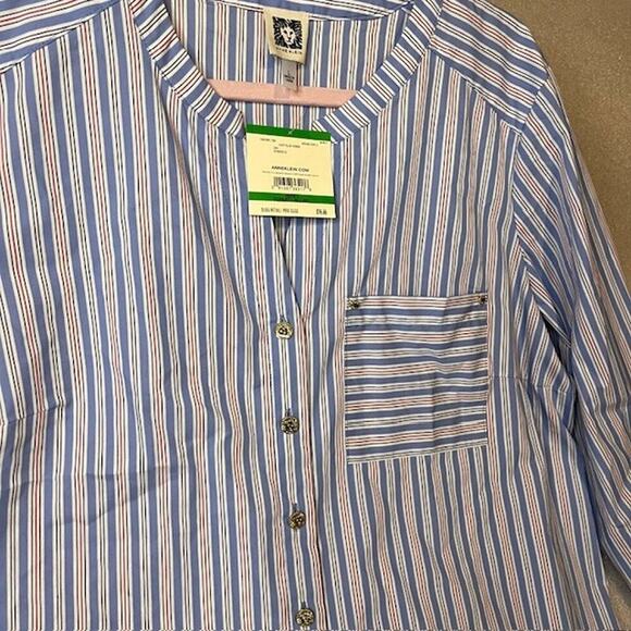 Anne Klein Button Down Shirt Women's Large Blue White Stripe Collared Business - Picture 2 of 6